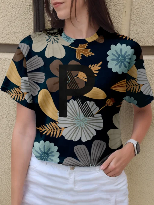 Women's dark blue floral print top
