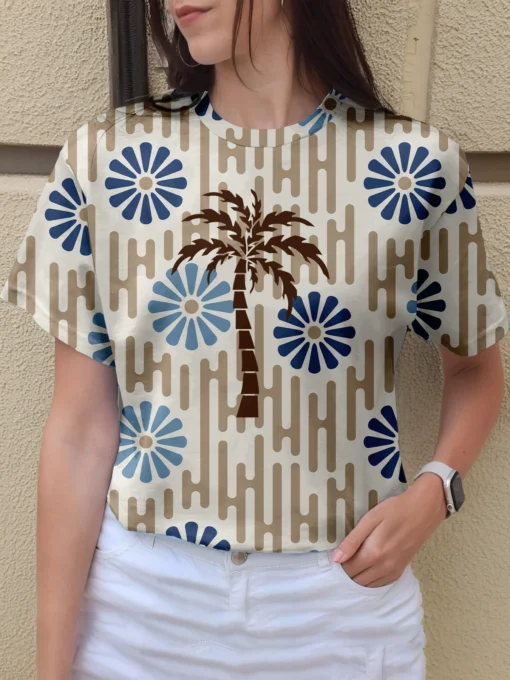 Women's coconut tree printed round-neck top