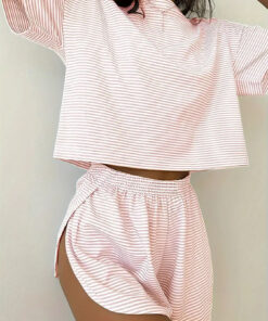 Autumn Women's knitted striped Pajama Set (top + Shorts)