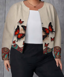 Women's autumn apricot-colored red butterfly print cardigan