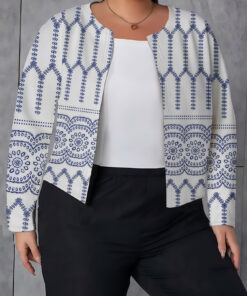 Women's autumn blue-printed plus-size cardigan