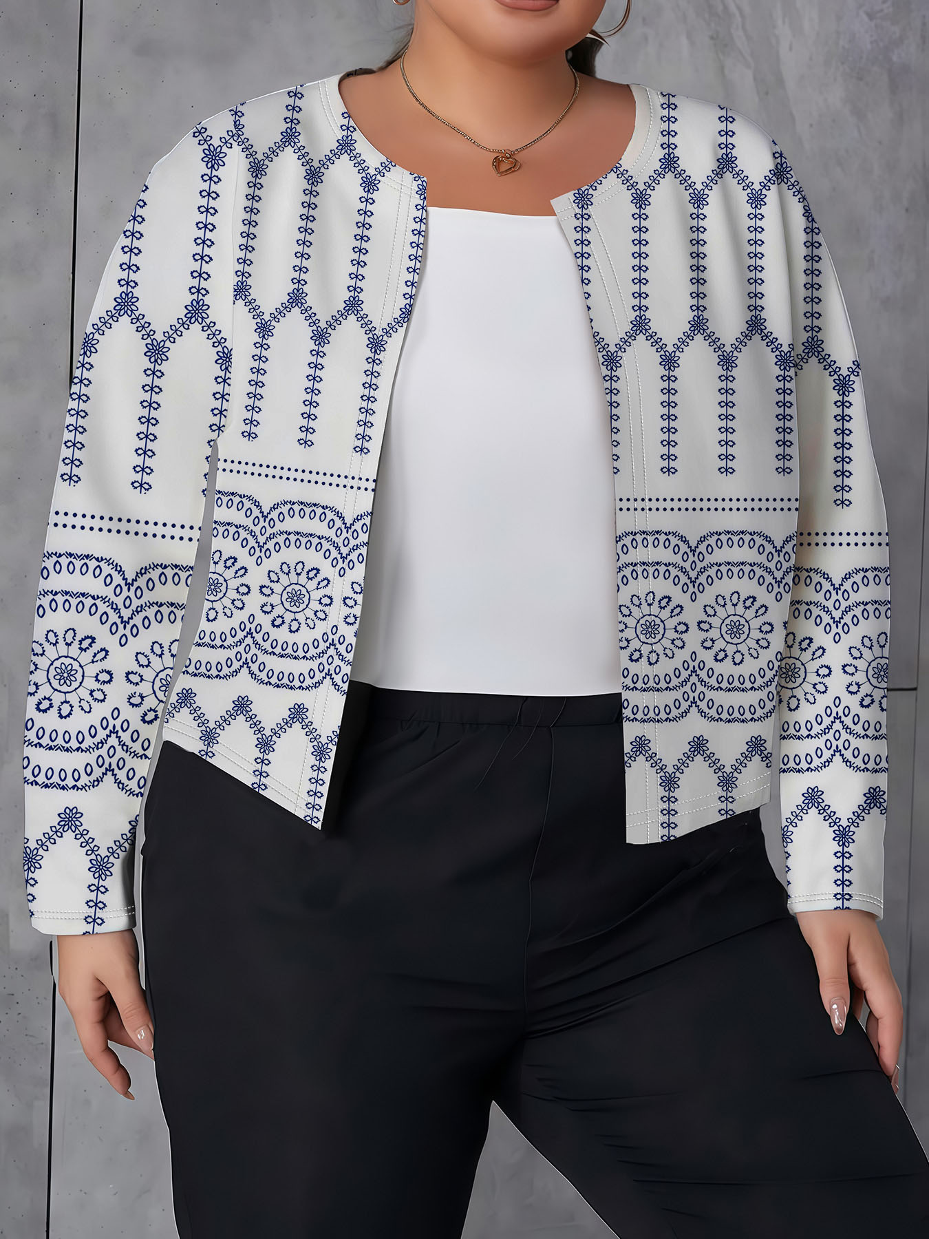 Women's autumn blue-printed plus-size cardigan