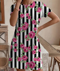Women's autumn black and white striped flower short-sleeved dress