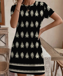 Women's autumn black print short sleeve dress