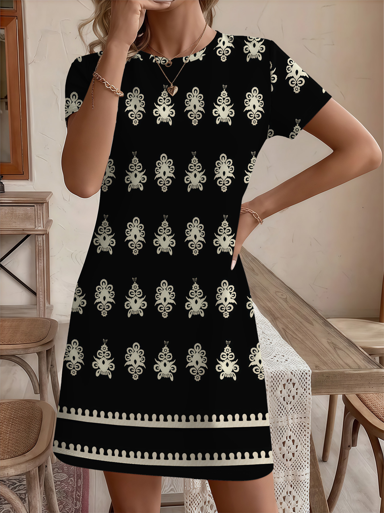 Women's autumn black print short sleeve dress