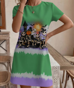 Women's autumn Halloween skull print short-sleeved dress