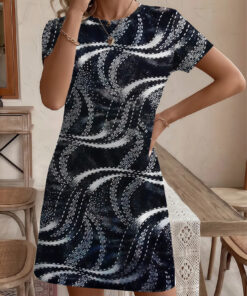Women's autumn black line printed short-sleeved dress