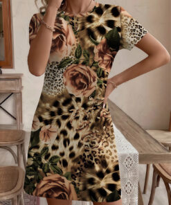 Women's autumn brown flower-printed short-sleeved dress