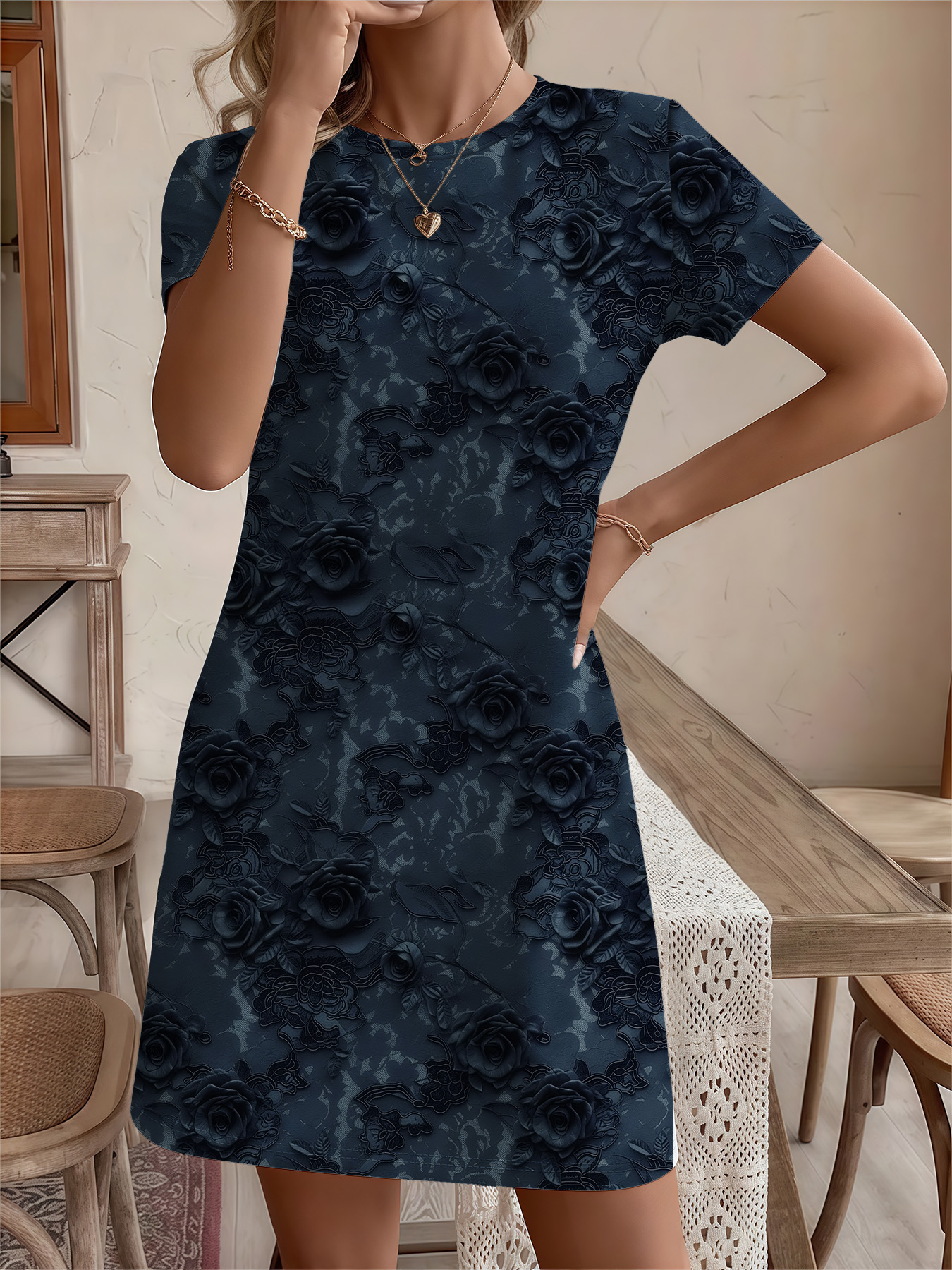 Women's autumn dark blue full print flowers short sleeve dress - Image 2