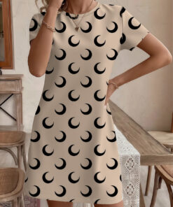 Women's autumn apricot-colored moon print short-sleeved dress