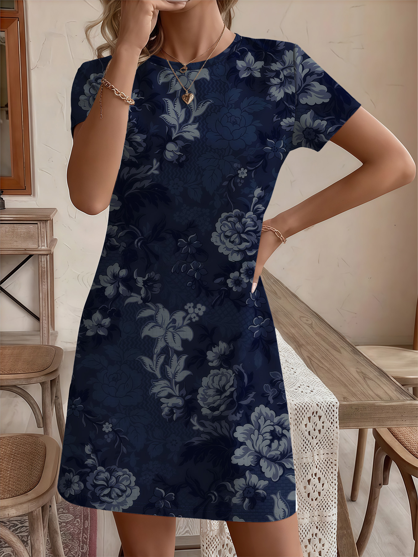Women's autumn deep blue floral branch short-sleeved dress