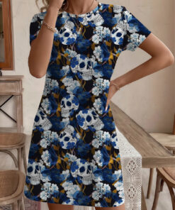 Women's autumn blue printed skull short-sleeved dress
