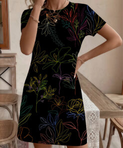 Women's autumn flower line print short sleeve dress