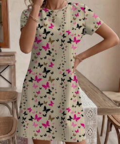 Women's autumn fine-striped butterfly print short-sleeved dress