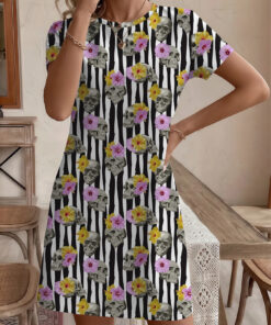 Women's autumn black and white striped skull short-sleeved dress