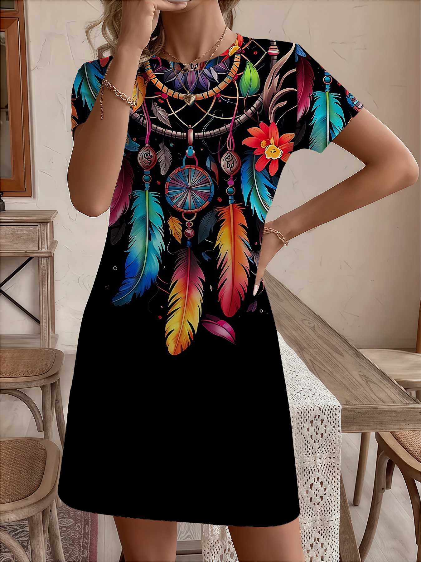 Women's autumn colorful feather print short-sleeved dress - Image 2