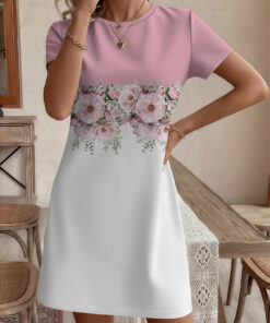 Women's autumn pink and white floral short-sleeved dress