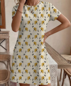 Women's autumn light yellow leaf print short sleeve dress