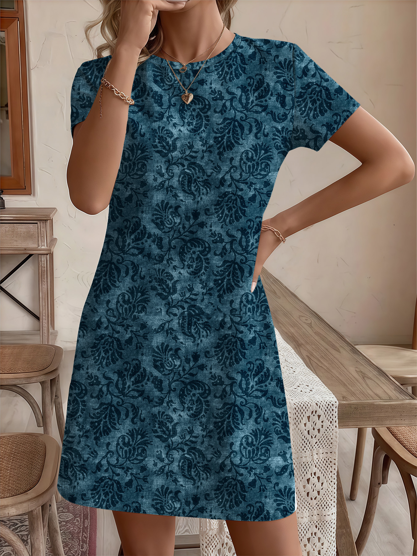 Women's autumn dark blue branch and leaf printed short-sleeved dress - Image 2