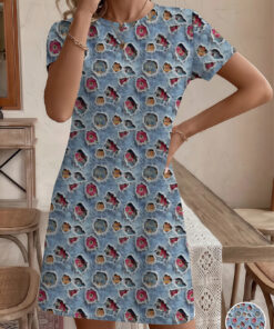 Women's autumn flower-patterned short-sleeved dress