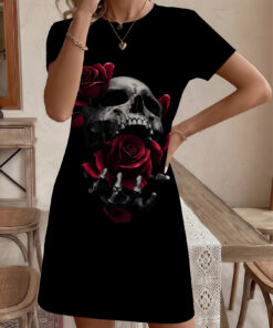 Women's autumn skull red flower short-sleeved dress