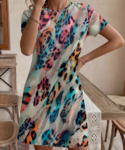 Women's autumn colorful leopard print short-sleeved dress