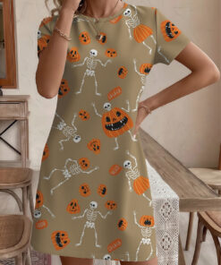 Women's autumn brown pumpkin skull print short-sleeved dress