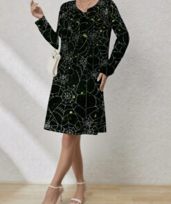 Women's autumn dark green spider web printed cardigan and vest dress set