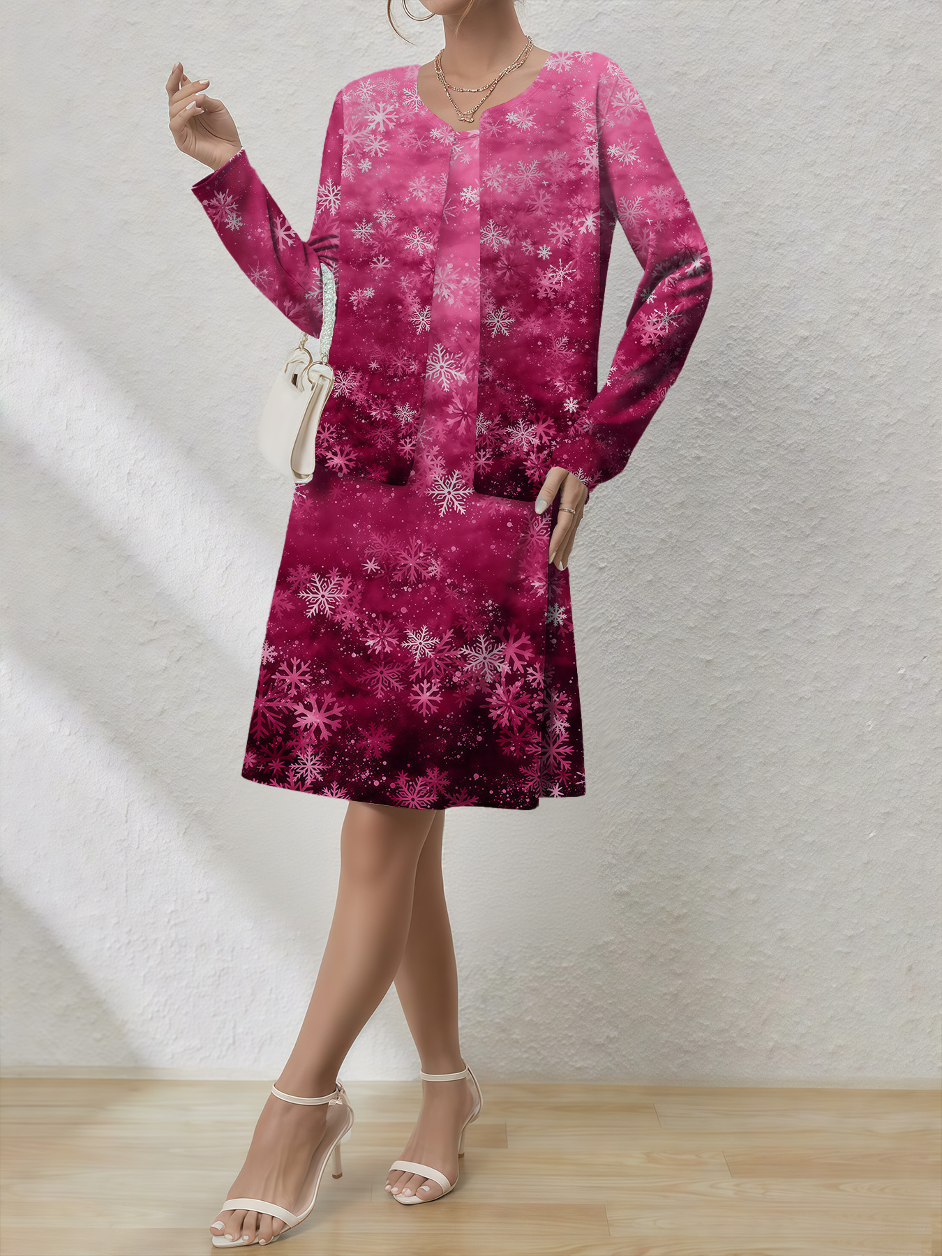 Women's autumn pink gradient snowflake cardigan vest dress set