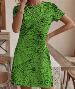 Women's autumn green spider web print short-sleeved dress