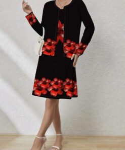 Women's autumn black red flower cardigan vest dress set