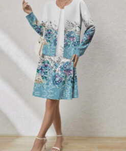 Women's autumn blue floral print cardigan vest dress set