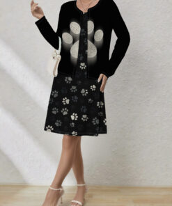 Women's autumn black footprint printed cardigan vest dress set