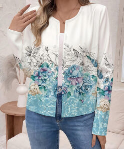 Women's autumn light blue floral print cardigan
