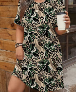 Women's autumn coffee-colored leaf short-sleeved dress