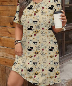 Women's autumn beige Halloween full-print short-sleeved dress