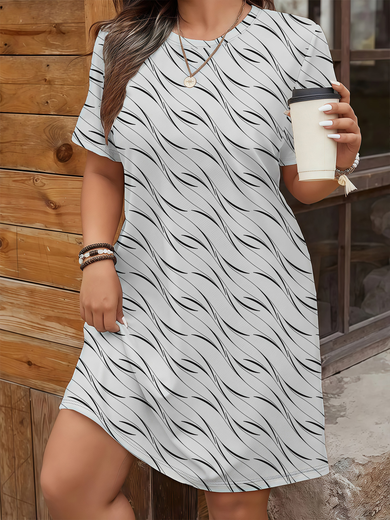 Women's autumn white striped short-sleeved dress - Image 3