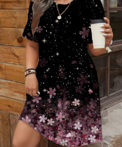 Women's autumn gradient cherry blossom short-sleeved dress