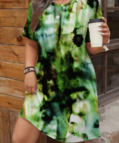 Women's autumn green ink-wash printed short-sleeved dress