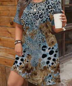 Women's autumn striped flower print short-sleeved dress