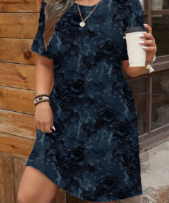 Women's autumn dark blue full print flowers short sleeve dress
