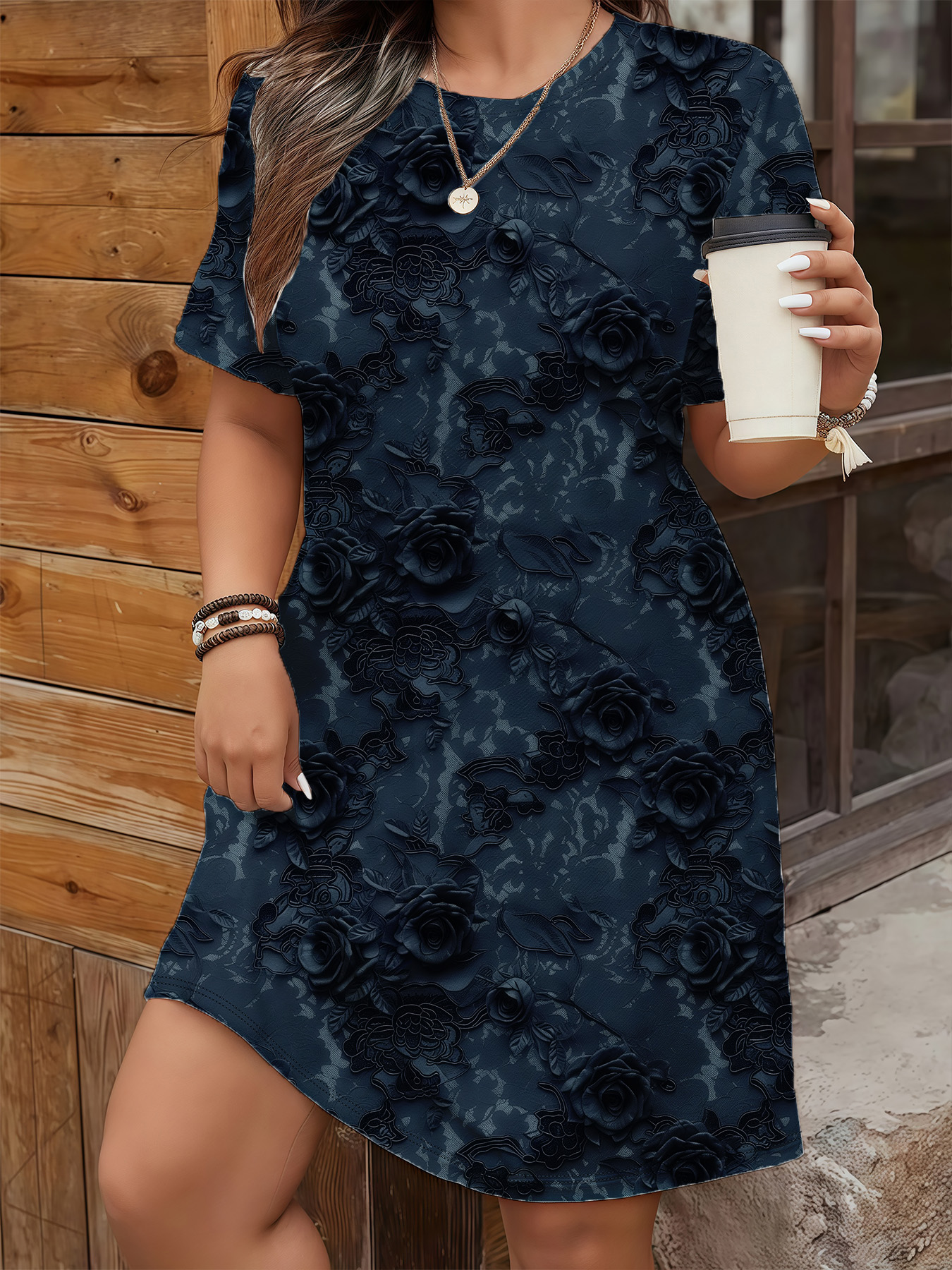 Women's autumn dark blue full print flowers short sleeve dress