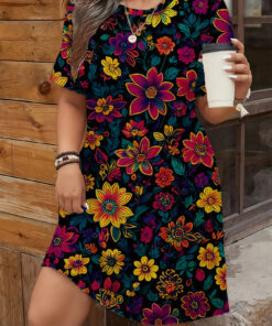 Women's autumn full print color flower short sleeve dress