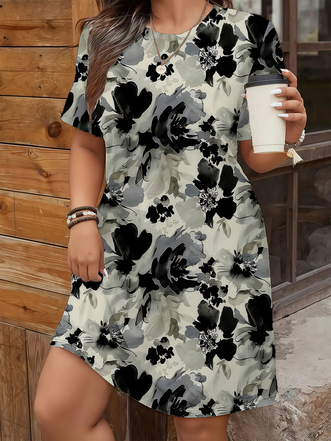 Women's autumn light grey full print flowers short sleeve dress - Image 3