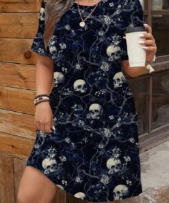 Women's autumn deep blue skull print short-sleeved dress