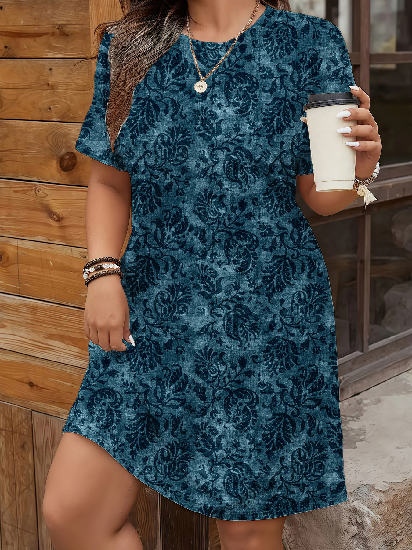Women's autumn dark blue branch and leaf printed short-sleeved dress - Image 3