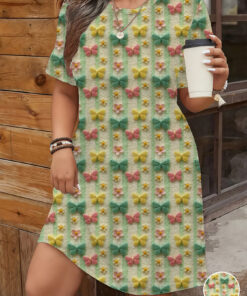 Women's autumn green striped butterfly short-sleeved dress