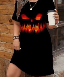 Women's autumn black devil print short-sleeved dress