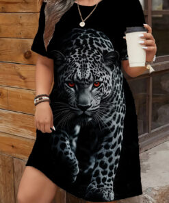 Women's autumn black full-print leopard short-sleeved dress