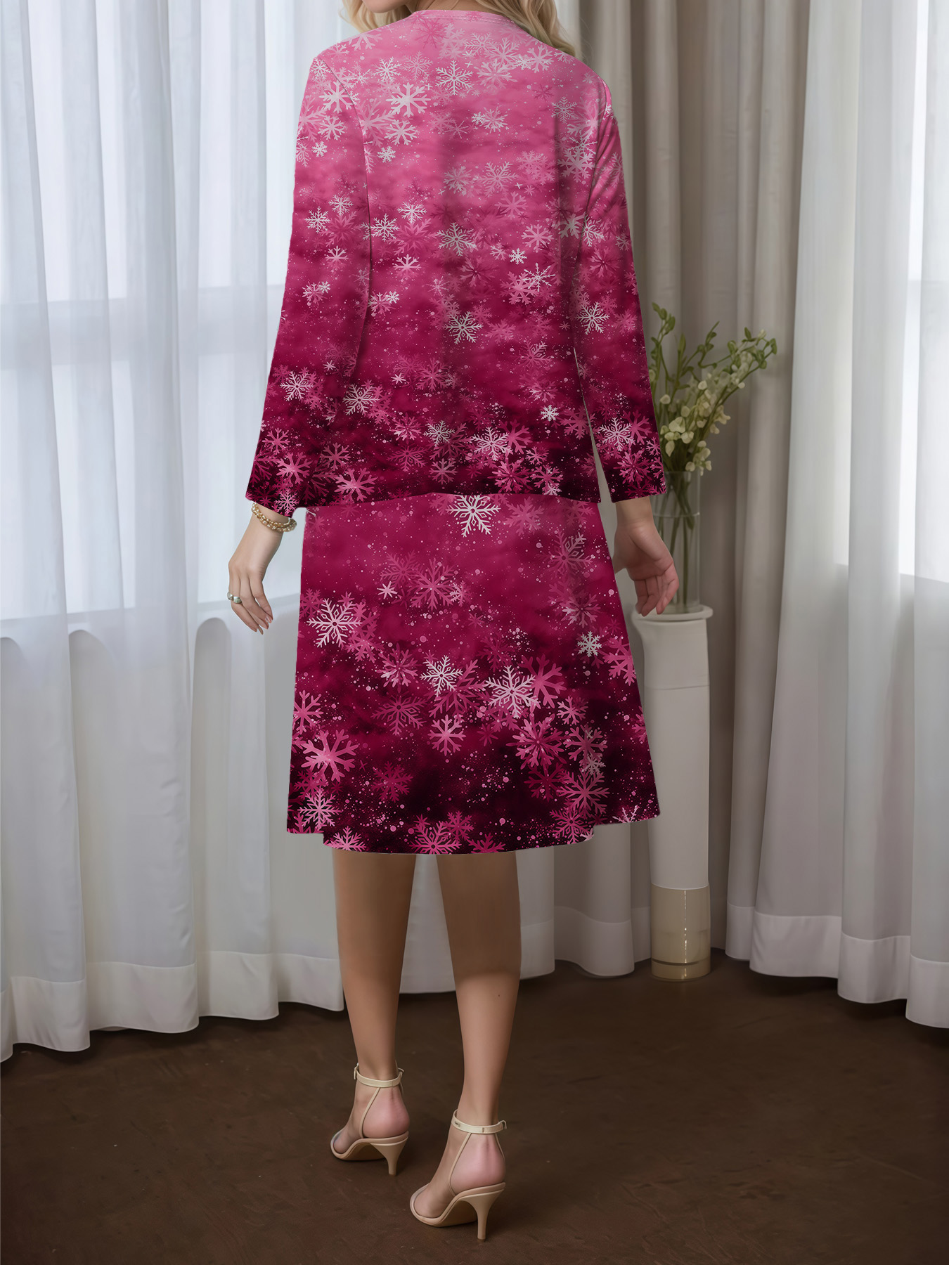 Women's autumn pink gradient snowflake cardigan vest dress set - Image 3